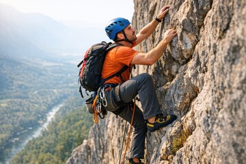 Obraz premium A person scaling a rocky mountain trail, with steep terrain and rugged landscape