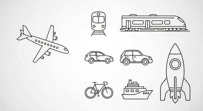 A collection of black and white line art icons representing various modes of transportation, including an airplane, train, cars, bicycle, ship, and rocket.