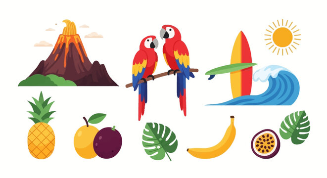 Vibrant illustration of tropical elements including a volcano, parrots, fruits, surfboard, and waves.