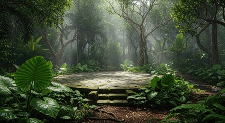 Obraz premium Mossy circular stone podium in misty tropical jungle clearing