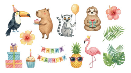 Fototapeta premium Tropical watercolor birthday clipart with cute animals and pastel party decorations. Collection of Vector illustrations for invitation, card, poster, banner, decoration