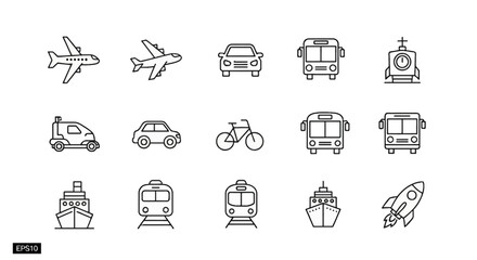 Fototapeta premium A collection of various transportation vehicles and modes of travel, including airplanes, cars, buses, trains, ships, bicycles, and a rocket.