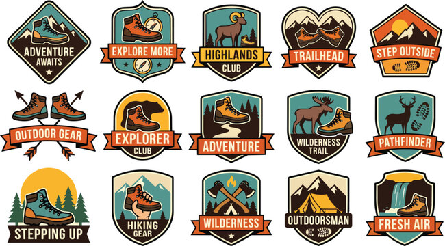 A collection of retro styled outdoor adventure badges representing popular exploration activities including hiking camping and wilderness travel displaying sturdy footwear majestic mountains and
