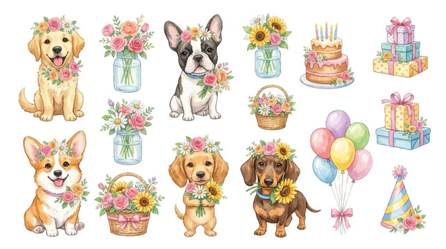 Cute puppy and flower arrangement collection in soft watercolor style. Collection of Vector illustrations for invitation, card, poster, banner, decoration
