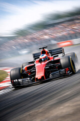 Obraz premium Action shot of a red Formula 1 car speeding down the track.