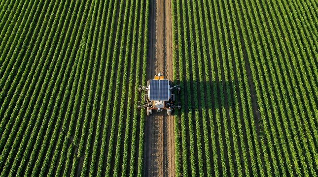 Modern agricultural tractor harvesting vibrant green crops in organized field