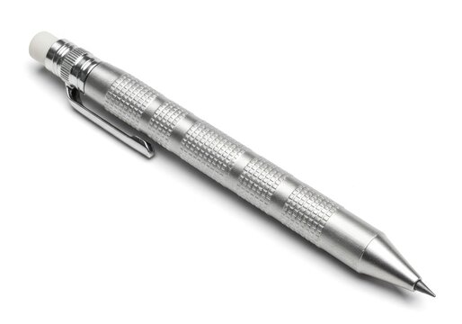 Professional Silver Metal Mechanical Drafting Pencil Isolated on White Background for Technical Drawing and Writing