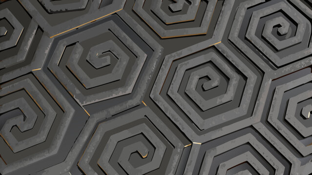 Geometric spiral pattern with hexagonal frames a textured gray and gold 3d rendering motif hexagons design interlocking interwoven render computer graphics