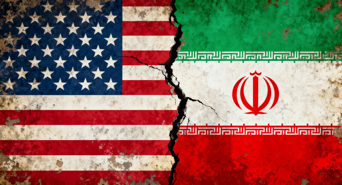 Cracked flags of the United States and Iran symbolize profound geopolitical conflict and strained diplomatic relations, reflecting significant international tension