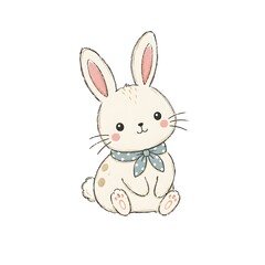 Obraz premium A small bunny sits on a white background. It has long ears, a round face, and a blue bow tied around its neck. The bunny looks happy and friendly