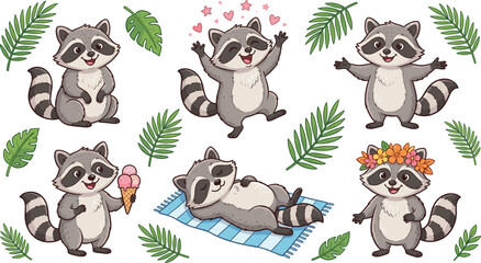 Cute raccoon cartoon characters set, funny tropical animal activities vector illustration isolated on white background © Jarin