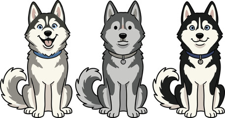 Cute husky dog cartoon icons set, funny Siberian puppy characters vector illustration isolated on white background © Jarin