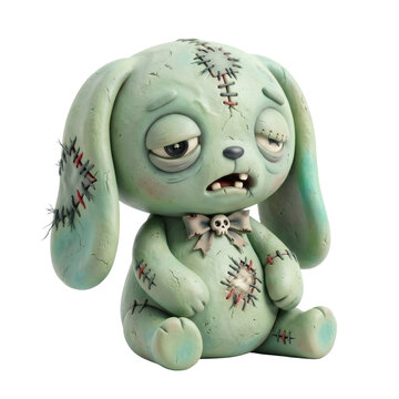 Creepy zombie bunny plush toy. Isolated Halloween character.