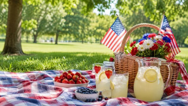 Refreshing Summer Picnic with Lemonade, Berries, and Flowers Under Shady Trees on a Sunny Day