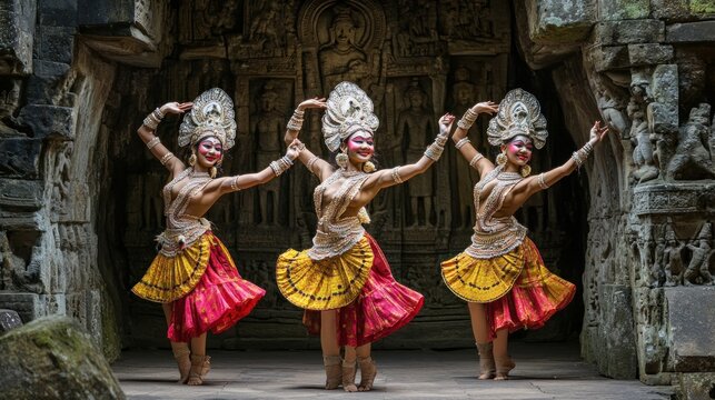 Three dancers in vibrant traditional attire perform a graceful dance amidst ancient stone carvings