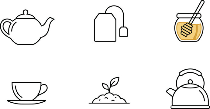 Tea time line icons set, teapot, teabag, honey jar, cup, and plant vector illustration,