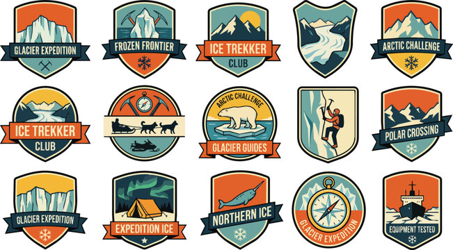 A comprehensive collection of vintage styled emblems and badges for winter expeditions and arctic adventures showcasing diverse outdoor activities and northern exploration designs