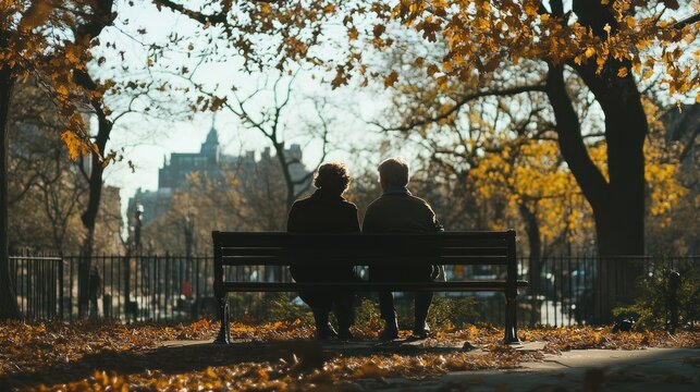 Autumnal park bench scene. Two people sit facing away from the camera on a park bench beneath a canopy of golden autumn leaves.  A city skyline is visible in the background