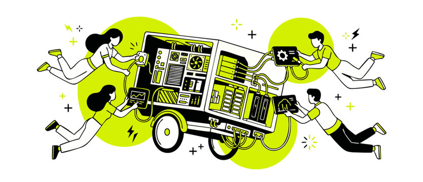 Data center IT support team maintaining servers in neon flat line art. Network engineers connecting cables to cloud database trailers in modern green dynamic minimal style for web banner support conce
