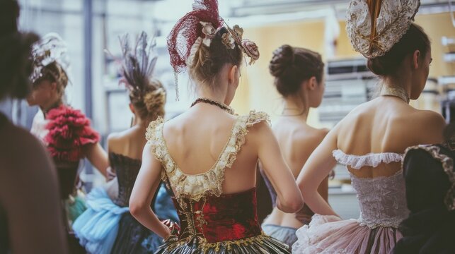 Fashion show models in elaborate historical costumes