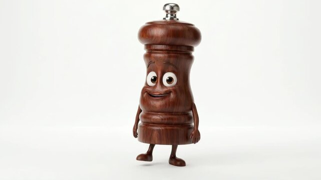 A cute 3D wooden pepper grinder character with a classic textured finish, big expressive eyes, and a warm smile, standing on tiny legs in a bright white studio setting.