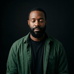 Obraz premium A serene Black man with closed eyes in a dark studio, wearing a green shirt, embodying peace and introspection