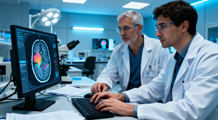 Fototapeta premium Medical researchers studying human brain anomalies using MRI imaging technology