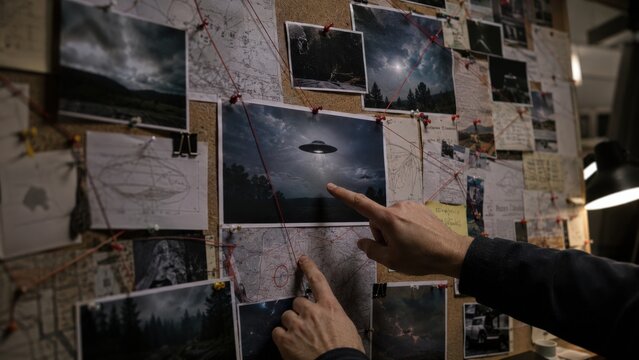 A Mysterious Investigation of UFO Phenomena Featuring a Collage of Evidence, Photographs, and Maps Illustrating Extraterrestrial Encounters and Sightings