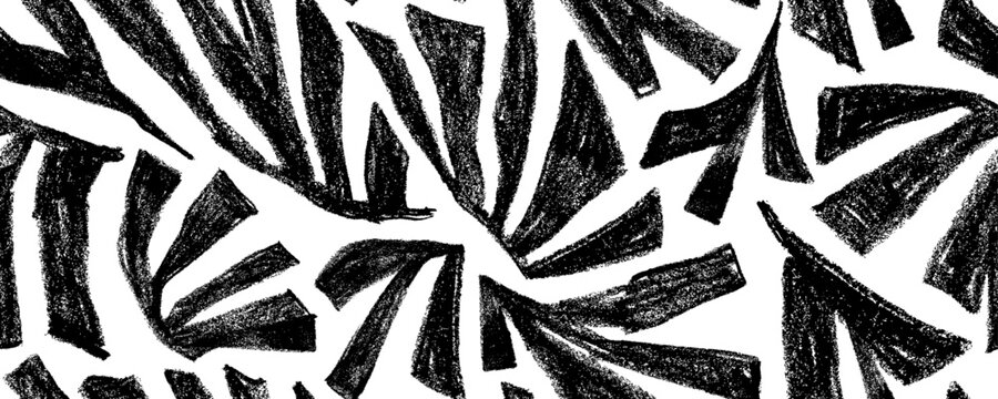 Graphic black geometric crayon leaves seamless pattern. Hand drawn vector botanical texture bg. Palm or banana leaves print design. Naive abstract chalk drawing botanical seamless pattern.