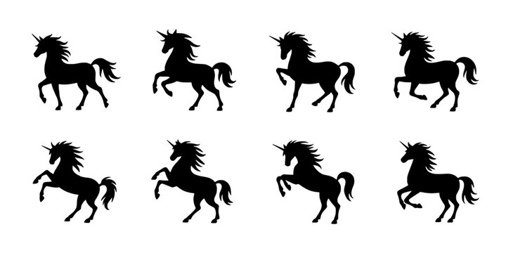 Unicorns Silhouette Set with Various Poses and Styles Featuring Unicorn, Black, Fantasy with Mythical and Animal Elements for Horse, Horn Projects,