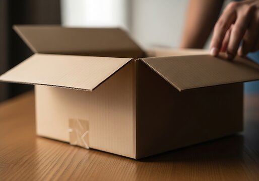 An open cardboard box with a person's hands preparing to close it, suggesting shipping or storage
