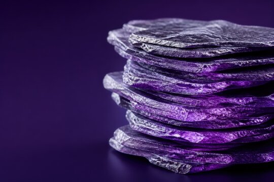 Stacked purple crystal slices with textured mineral layers on a dark moody background