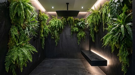 Naklejka premium Rain shower with lush greenery. Relaxing indoor space with plants and water features