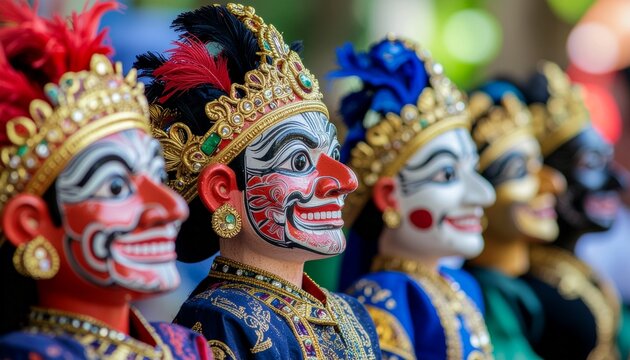 Vibrant Indonesian Wayang Kulit Puppets Displayed in Traditional Cultural Performance