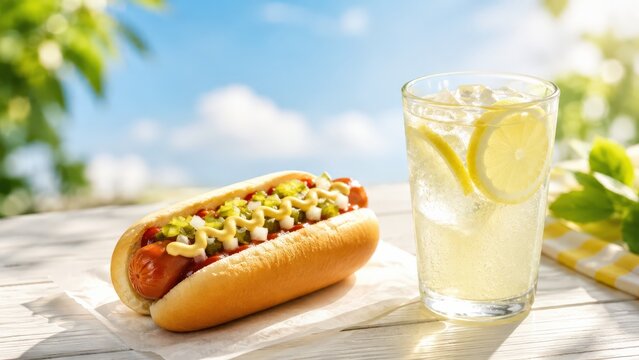 Delicious Hot Dog with Toppings Accompanied by Refreshing Citrus Drink Under Bright Blue Sky and Warm Sunshine