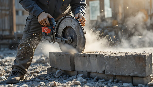 Man cutting concrete block with circular saw on construction site construction worker