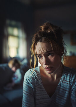 tired stressed mother with small child struggles with mental health, brain fog, loneliness and postpartum depression at home
