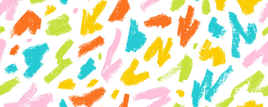 Colorful kid's Birthday wrapping paper seamless pattern with crayon drawn rough squiggles and random irregular shapes. Funky confetti texture background. Whimsical quirky random splodge and blots.