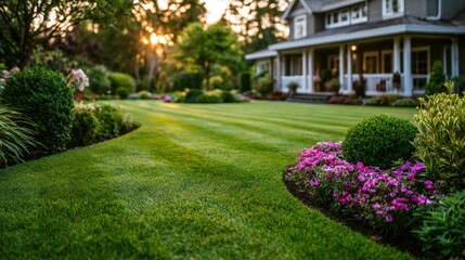 Fototapeta premium Beautifully manicured suburban home with lush green lawn and vibrant flower beds