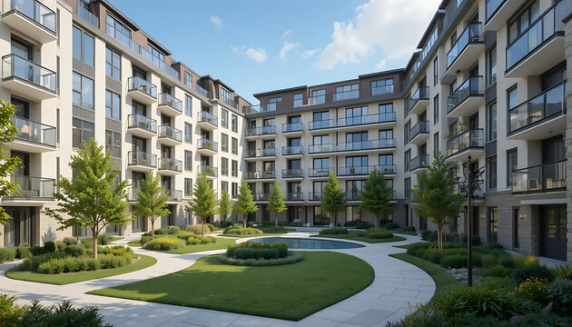 Modern apartment complex with landscaped courtyard and walkways apartment building residential complex
