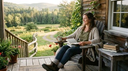 Fototapeta premium Woman enjoying a peaceful morning with coffee and a book on a rustic porch