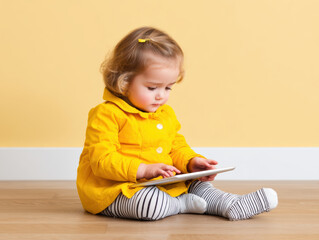 Naklejka premium tently using a tablet against a soft yellow wall background.