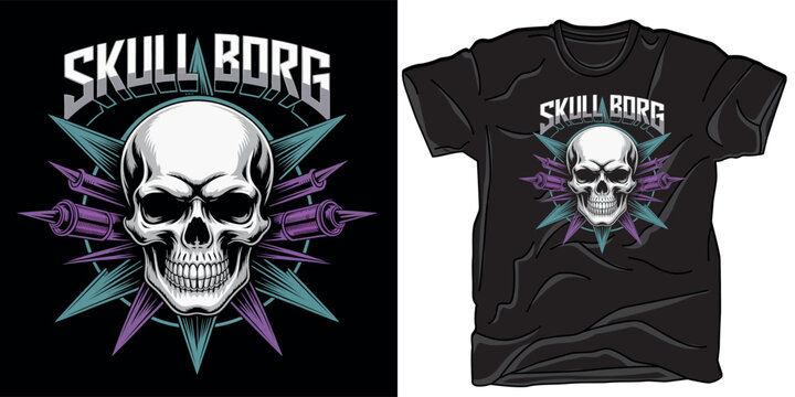 Skull borg futuristic cyborg head vector illustration with geometric stars and technological elements for t-shirt design.