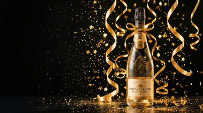 Elegant champagne bottle with golden ribbons and confetti for celebration