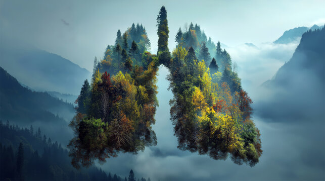 Conceptual image of human lungs as twin mountain ranges covered in forest, breathing and respiratory health metaphor, misty morning light, poetic science