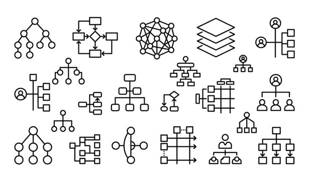 Network diagrams collection data flow decision trees and organizational charts