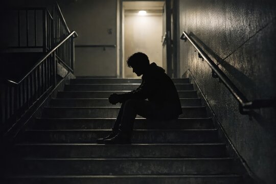 A person is seated on a staircase, with a relaxed posture and no apparent urgency