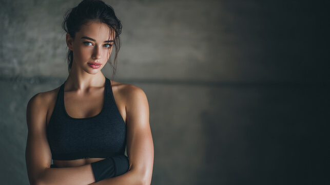 fitness woman in studio wearing sensual sportswear and posing confidently, athletic female model in modern fitness fashion during studio photoshoot, sporty fit woman posing in activewear 
