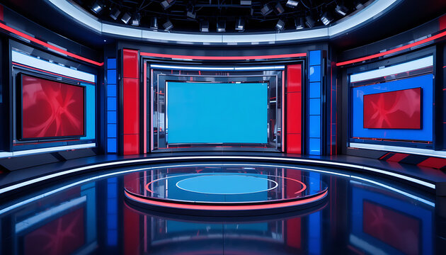 News studio set with blue screen and red, blue screens on sides, shiny floor television studio red screens