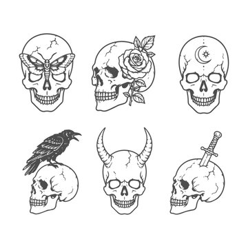 Collection of gothic skull illustrations with raven rose and dagger elements.